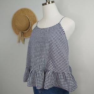 Blue gingham camisole with ruffle, peplum hem